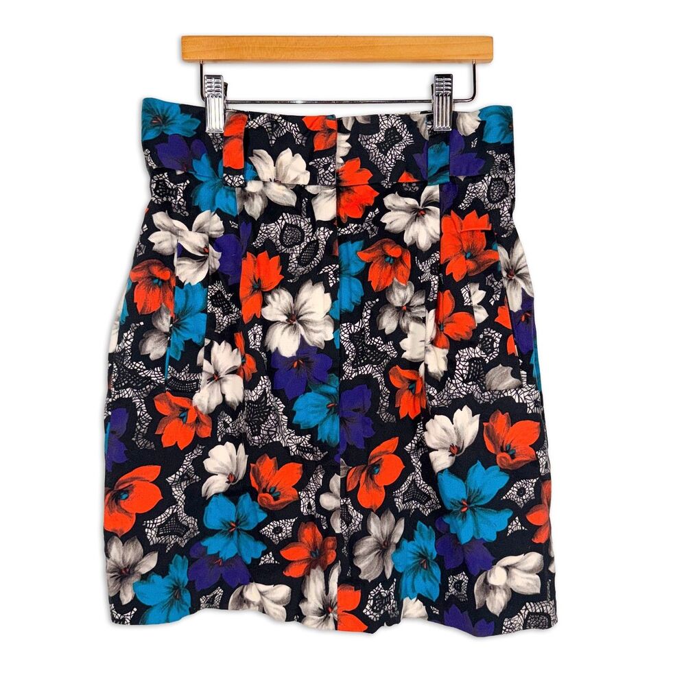 French Connection Floral Mini Skirt Size 6 Black Orange Blue Pleated Pockets Y2K